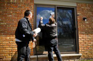 Two men wash the patio doors on the outside of a brick house.